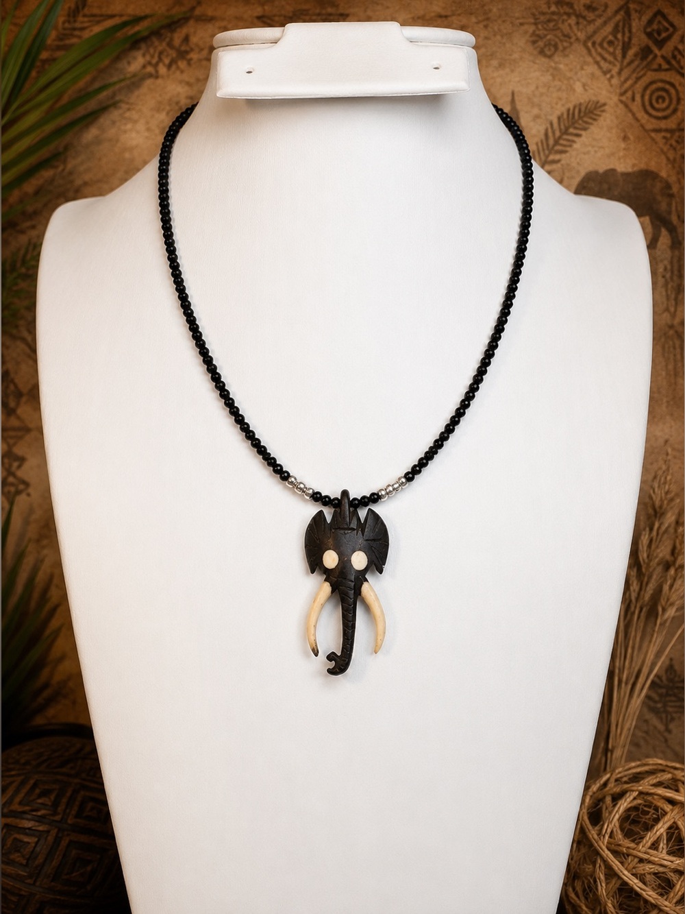 Vintage Carved Bone Elephant Pendant Black Beaded Choker Necklace 14–15”